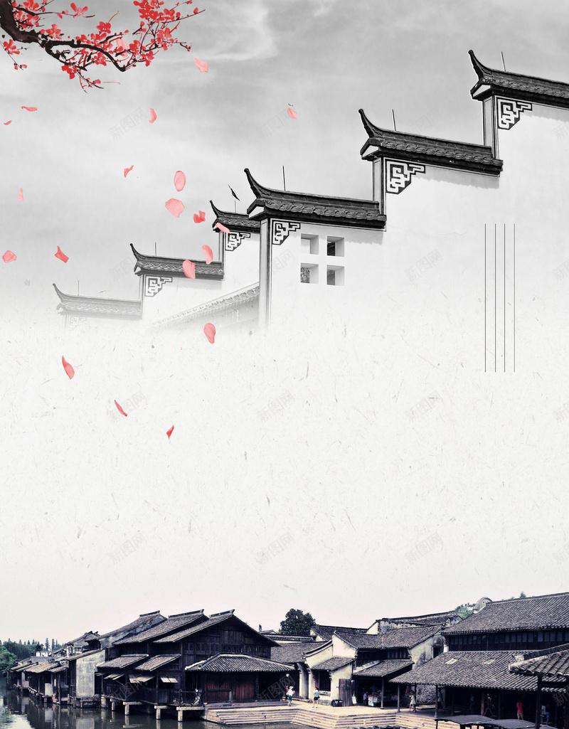 复古中国风水墨画唯美海报背景jpg设计背景_新图网 https://ixintu.com 东方文化 中国文化 中国风 古巷 唯美 墨笔 徽式建筑 房屋 梅花 江南 点缀 马头墙