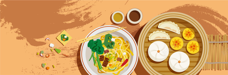手绘插画美食水饺包子背景矢量图ai设计背景_新图网 https://ixintu.com 包子 扁平 手绘美食 插画 水饺 热干面 美食宣传 美食海报 蒸蛋 蒸饺 调料 青椒 香葱 黄色 矢量图