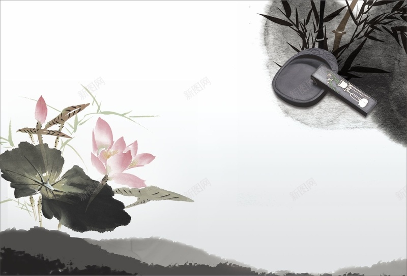 黑色中国风荷花背景cdr设计背景_新图网 https://ixintu.com 中国风 古典 墨迹 水墨 砚台 荷花
