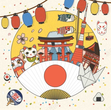 手绘矢量旅游日本景点樱花招财猫灯笼海报背背景