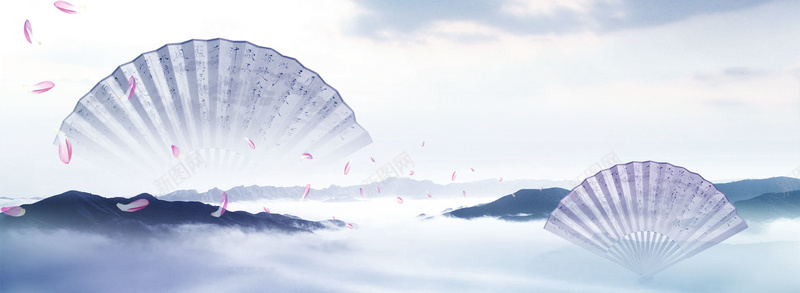 古风古韵扇子bannerjpg设计背景_新图网 https://ixintu.com 中国风 古风 扇子 海报banner 紫色 花瓣 高山