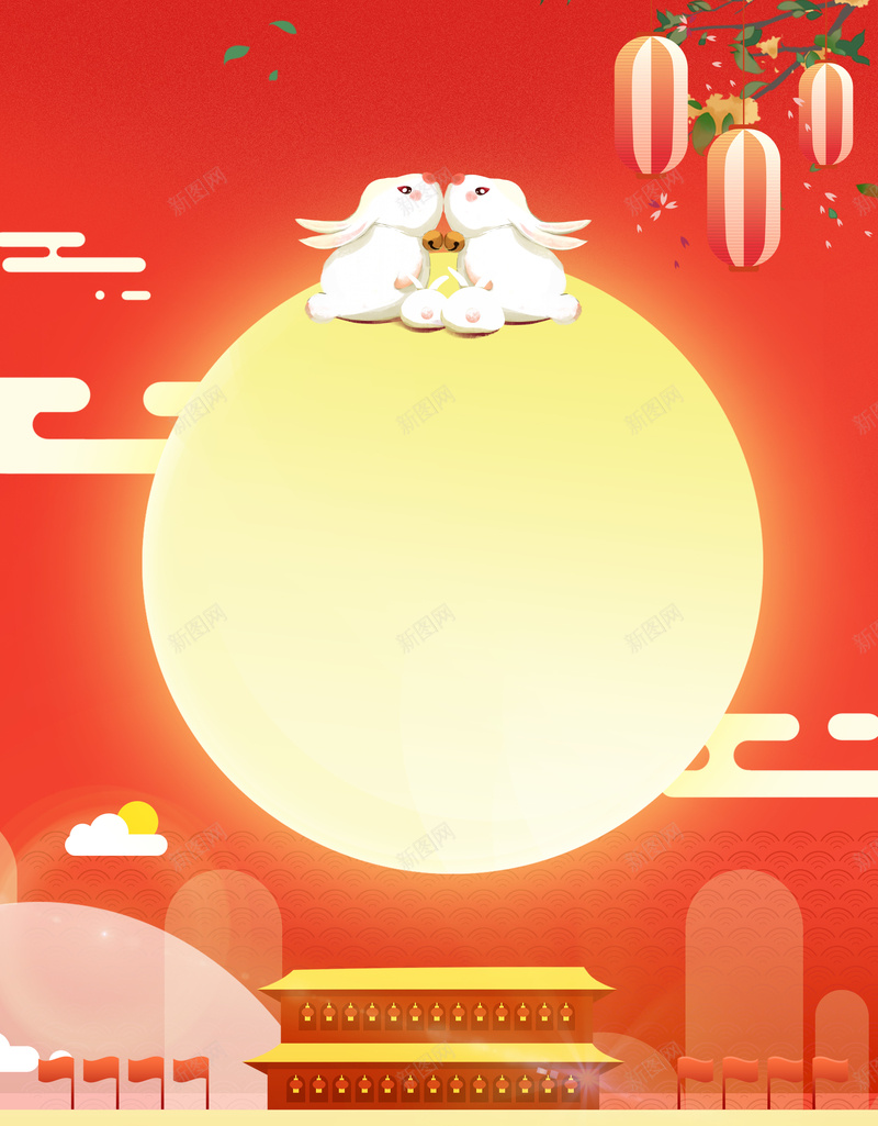 中秋红色背景图城牌楼元素psd设计背景_新图网 https://ixintu.com 中秋 云纹 兔子 古代牌楼 国庆元素 城牌楼 月亮 灯笼 祥云