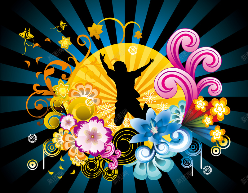 手绘矢量人剪影海报ai设计背景_新图网 https://ixintu.com 人 剪影 手绘 海报 激情 狂欢 矢量 花朵 矢量图