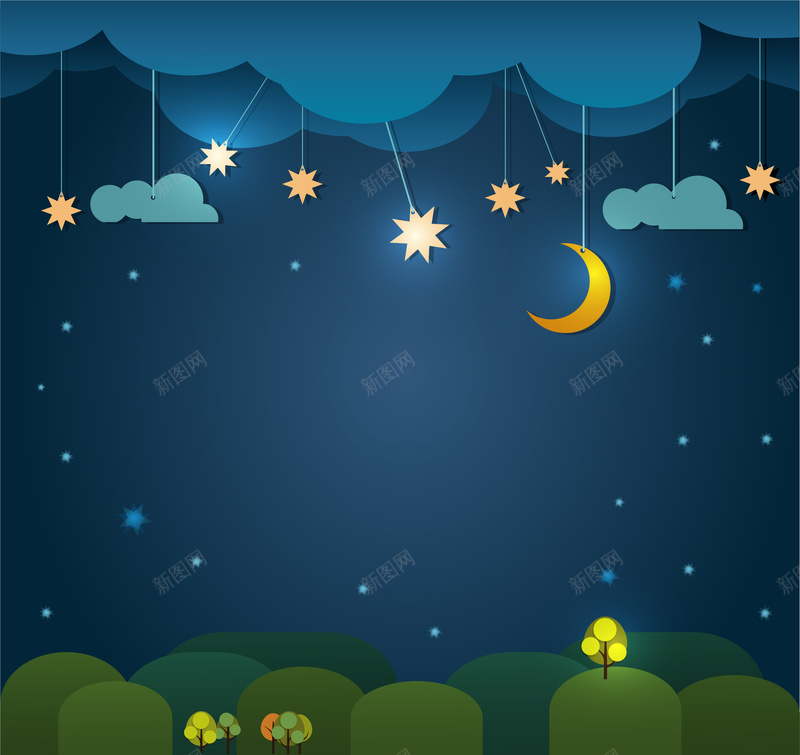 儿童夜晚童话背景矢量图ai设计背景_新图网 https://ixintu.com 云朵 儿童 卡通 夜空 手绘 星星 月亮 童话 童趣 矢量图