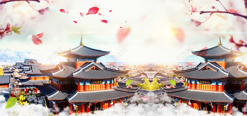 中国风古代建筑酒水海报背景psd设计背景_新图网 https://ixintu.com 七夕 中国风 云 促销海报 古代建筑 古风 桃花 梅花 水墨 白酒 花瓣 茶叶 酒水