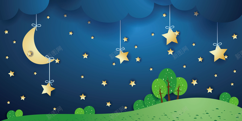 简约唯美夜晚星空手绘插画海报背景矢量图ai设计背景_新图网 https://ixintu.com 儿童 壁画 天空 小学 小学生 手工 挂画 白云 美术 艺术 蓝天 高空 矢量图