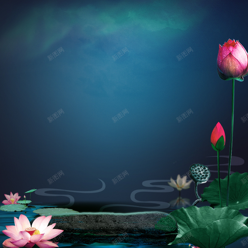 唯美文艺荷塘月色背景图psd设计背景_新图网 https://ixintu.com 主图 唯美 夜色 小清新 文艺 池塘 简约 荷包 荷叶 荷花