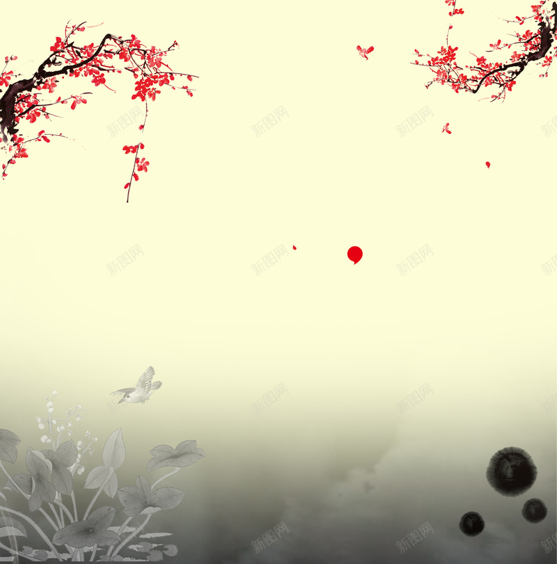 中国风水墨浅棕色背景psd设计背景_新图网 https://ixintu.com 中国风 国画 墨点 墨迹 桃花 水墨 浅棕色 渐变 简约 背景素材 花朵