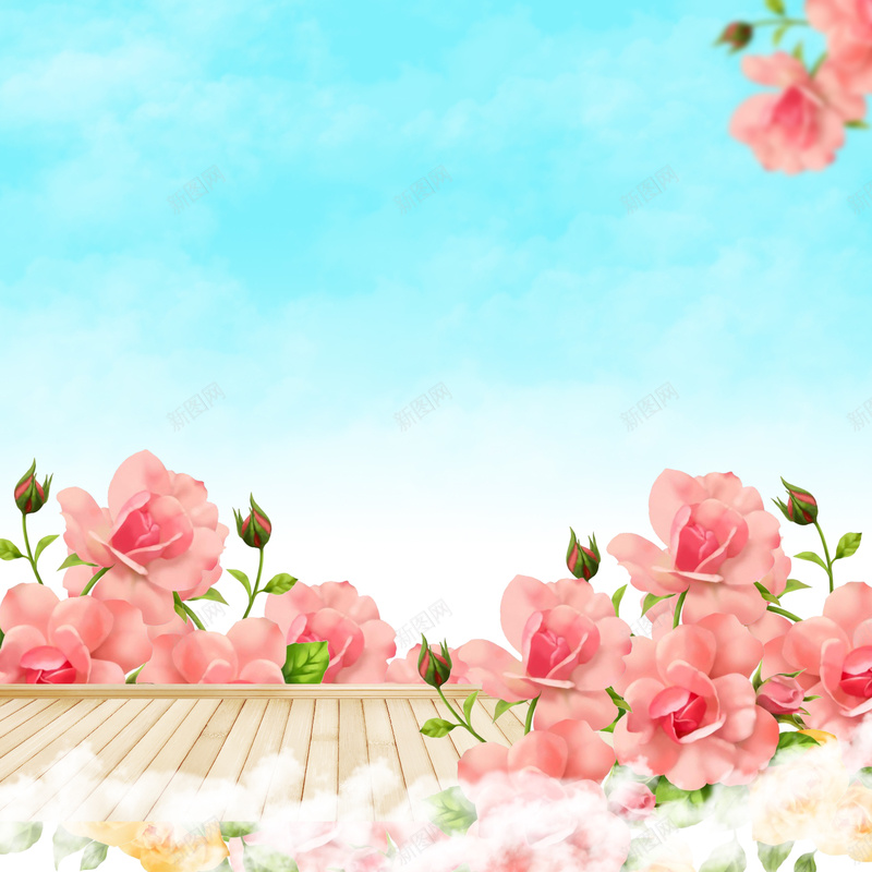 蓝天白云粉色玫瑰花丛地板唯美背景psd设计背景_新图网 https://ixintu.com 唯美 地板 开心 玫瑰 玫瑰花丛 白云 粉色 粉色玫瑰 背景素材 花丛 蓝天 蓝天白云