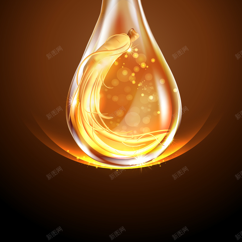 化妆品精油精华矢量图ai设计背景_新图网 https://ixintu.com 人参精华开心 光效 棕色 植物精华 模糊背景 水滴 水珠 液体 精油 纹理 质感 矢量图
