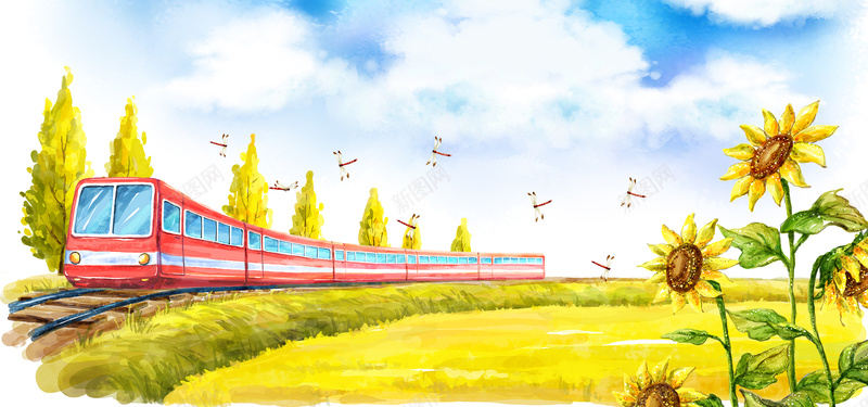 沿途风景背景psd设计背景_新图网 https://ixintu.com 向日葵 小清新 插画 文艺 树 海报banner 火车 秋景 简约 蓝天白云 黄色