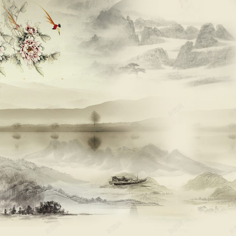中国风古风psd设计背景_新图网 https://ixintu.com 中国风 山水 梅花 水墨