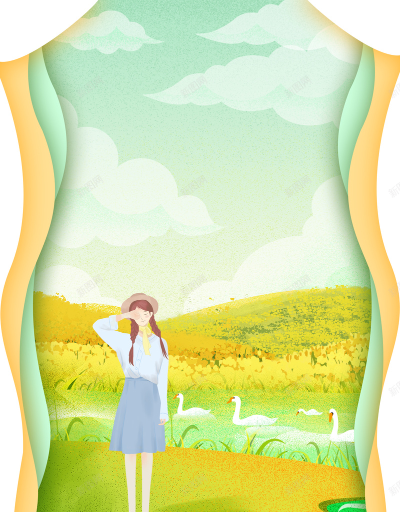 春天边框分离背景psd设计背景_新图网 https://ixintu.com 分离 女孩 手绘 春天 油菜花地 边框