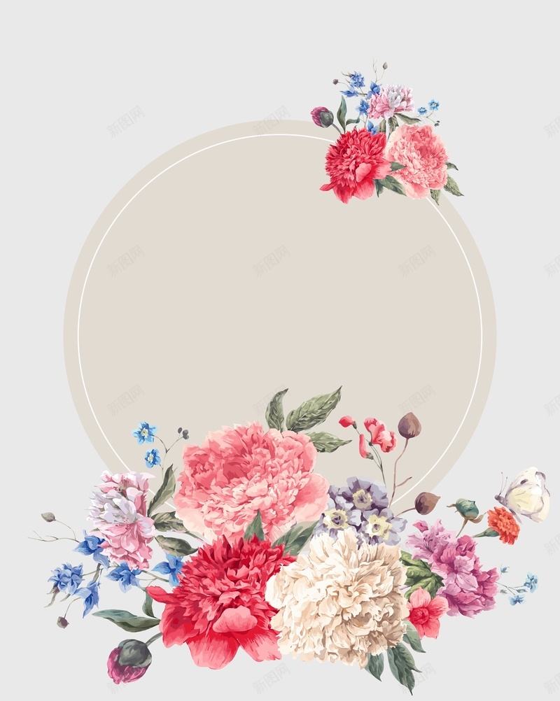 矢量清新质感水彩手绘花朵花团背景ai设计背景_新图网 https://ixintu.com 圆框 婚庆 小清新 手绘 文艺 水彩 清新 灰咖色 矢量 简约 背景 花团 花朵 质感 矢量图