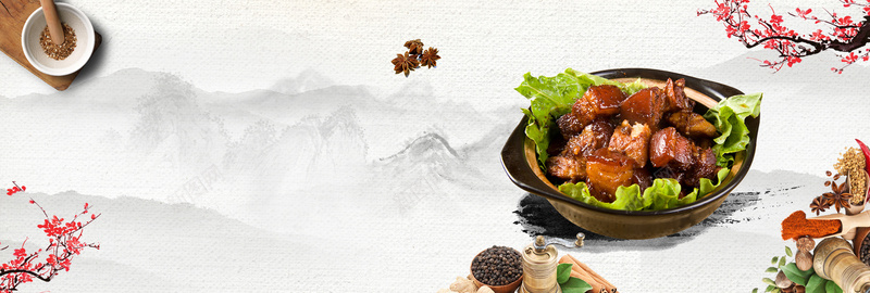 白色中华美食红烧肉淘宝电商bannerpsd设计背景_新图网 https://ixintu.com banner 中华美食 中国风 天猫 梅花 淘宝 电商 白色 红烧肉