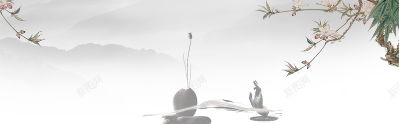 中国风复古禅意bannerjpg设计背景_新图网 https://ixintu.com 中国风 云雾 佛教 复古 摆件 文艺 文艺banner 枝条 禅意banner 荷花