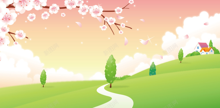 樱花绿树卡通背景矢量图背景