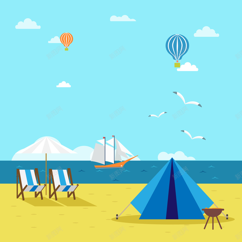 蓝色手绘夏季海边度假海报矢量背景ai设计背景_新图网 https://ixintu.com 大海 天空 度假 开心 沙滩 海报 激情 狂欢 矢量背景 蓝色 露营 矢量图