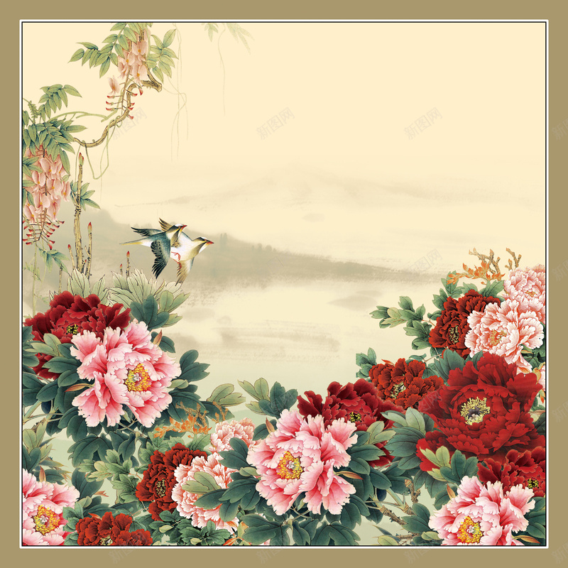 花开富贵海报背景psd设计背景_新图网 https://ixintu.com 仙鹤 复古画 富贵牡丹 富贵牡丹图片下载 毛笔字 牡丹横 画境 花开富贵