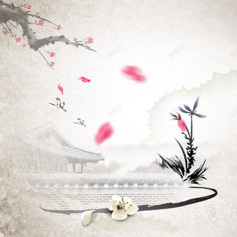 中国风古朴文玩PSD分层主图背景jpg设计背景_新图网 https://ixintu.com 中国风背景 主图 养生 古朴背景 毛笔 水墨亭子 淘宝 淡雅背景 直通车 粉色花瓣 阿胶糕