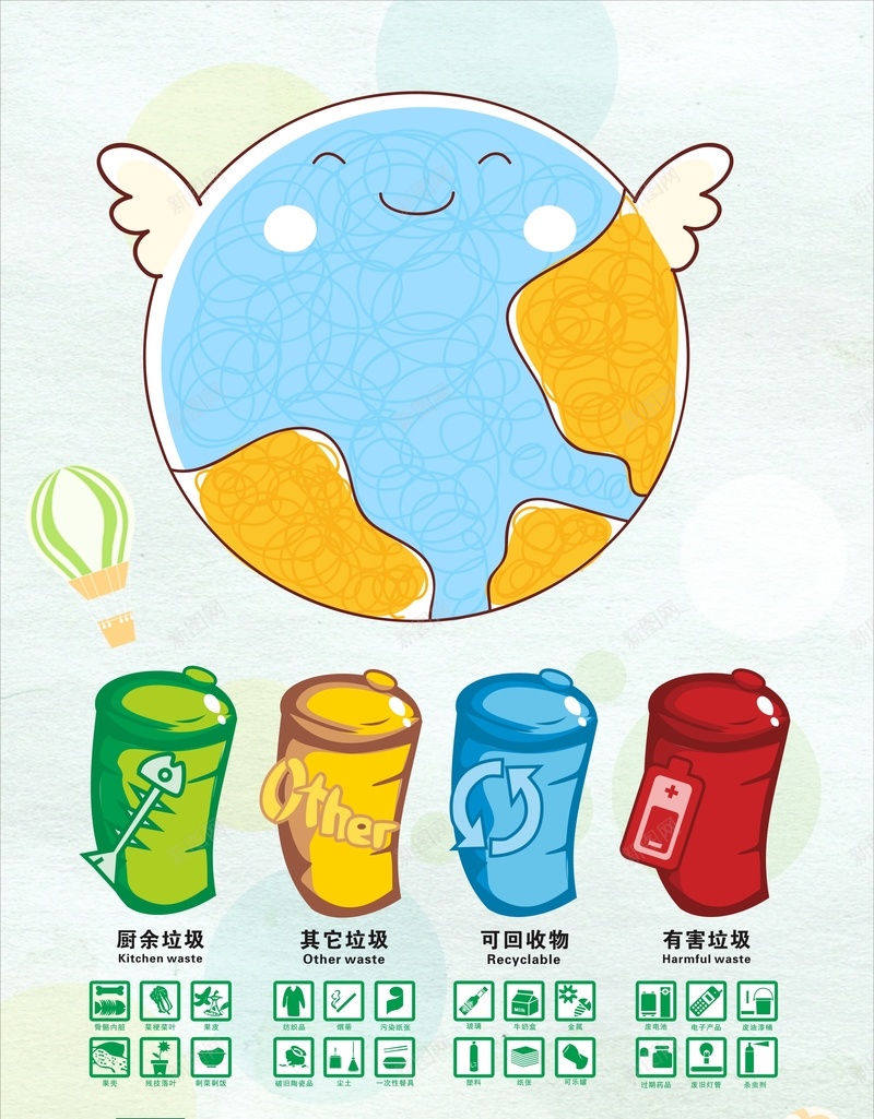 小清新卡通垃圾分类背景cdr设计背景_新图网 https://ixintu.com 公益活动 关爱地球 垃圾分类 城市文明 小清新 文明社会 环保宣传 简约 绿色生活 蓝色