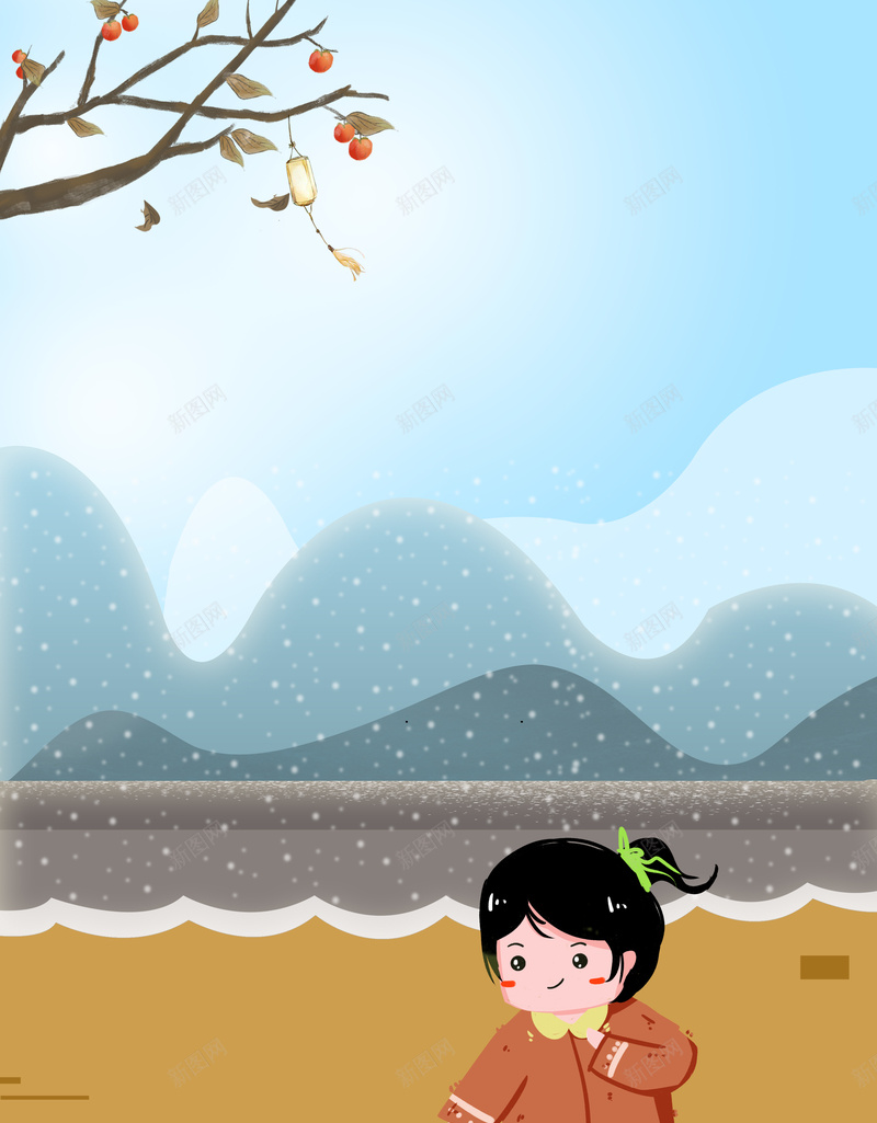 手绘人物捡柿子背景图psd设计背景_新图网 https://ixintu.com 墙 手绘人物 手绘背景 柿子树 背景