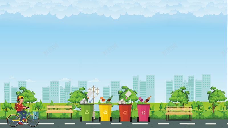 卡通背景元素垃圾桶元素psd设计背景_新图网 https://ixintu.com 卡通背景 垃圾桶元素 植物 马路 骑自行车元素