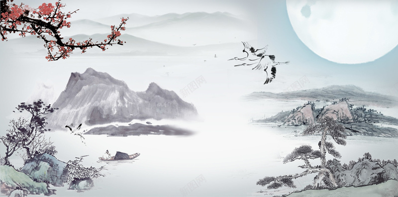 中国风水墨山水画海报PSD背景jpg设计背景_新图网 https://ixintu.com 中国风 中国风海报 云海 云鹤 山峰 山水画 山脉 月亮 松树 水墨画 红梅