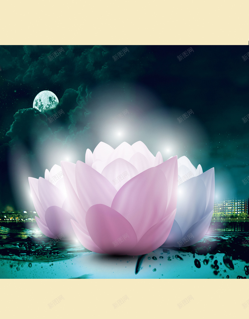 中国风莲花池上的莲花灯春节背景psd设计背景_新图网 https://ixintu.com 一家人 团圆饭 大年三十 恭贺新春 春节 月亮 莲花 莲花池 莲花灯 除夕夜 除夕广告 风景