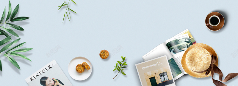 清新简约俯视蓝色bannerpsd设计背景_新图网 https://ixintu.com 下午茶 休闲 咖啡 小清新 悠闲 文艺 月饼 杂志 树叶 清新 热带植物 简约 绿叶 蓝色 食物