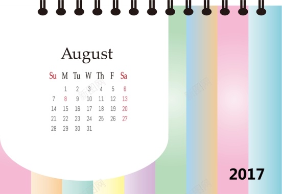日历2017年8月挂历日期时间色彩矢量图背景