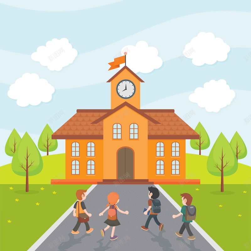 卡通返校学生插画背景矢量图ai设计背景_新图网 https://ixintu.com 云朵 学校 学生 插画 教学楼 教育 树木 校园 海报 背景 返校 矢量图