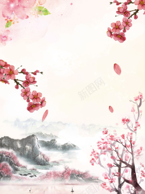 中式古风水墨桃花林桃花海报背景背景