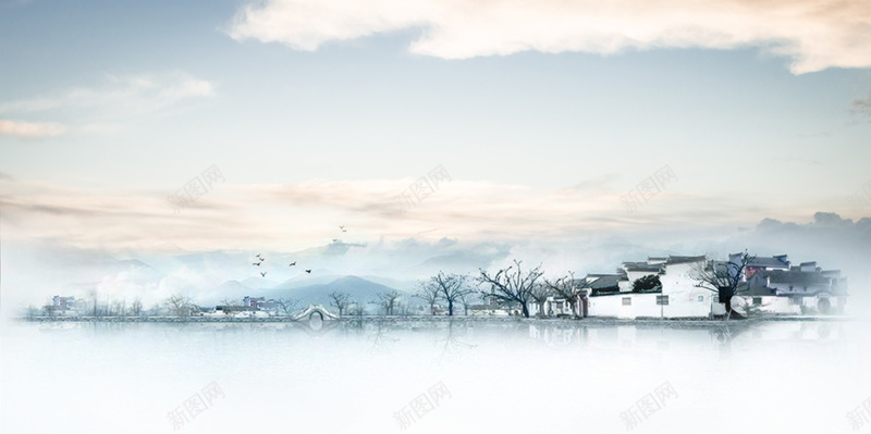 中国风简约江南小镇广告jpg设计背景_新图网 https://ixintu.com 中国风 古风建筑 小清新 广告 文艺 江南小镇 湖面 简约