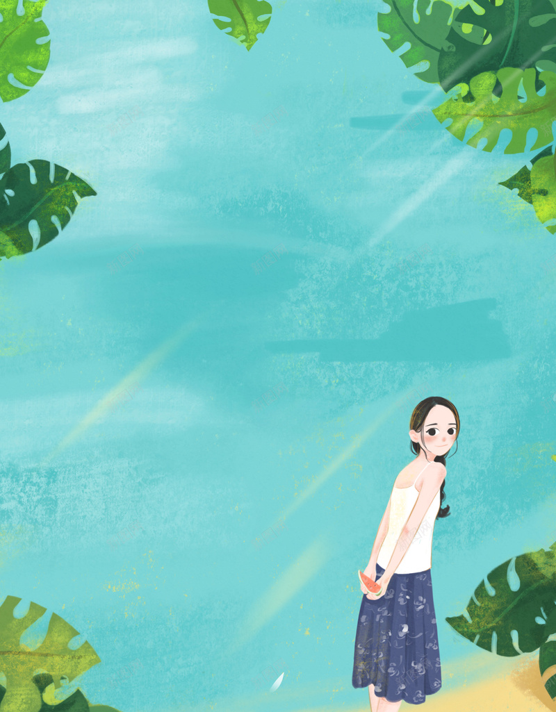 先天湖边散步背景图psd设计背景_新图网 https://ixintu.com 夏天 大暑 手绘人物 树叶 湖边散步 背景图 节气 西瓜