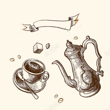 美式复古西餐手绘线稿咖啡饮料方糖海报背景矢量图背景