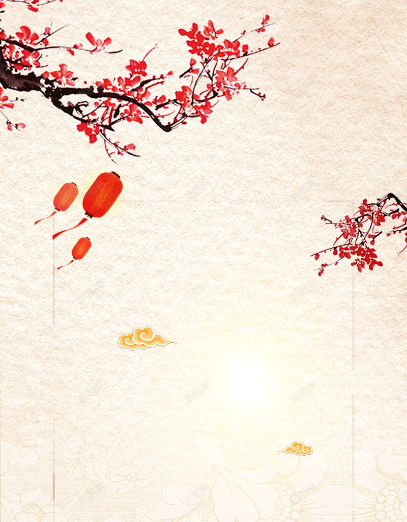 黄色质感中国风春节贺卡H5背景psdpsd_新图网 https://ixintu.com H5 h5 psd 中国风 春节 梅花 水墨画 水波纹 渐变 灯笼 祥云 质感 贺卡 边框线 黄色