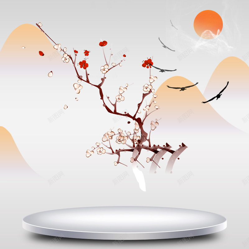中国风梅花舞台PSD分层主图背景psd设计背景_新图网 https://ixintu.com 中国风 主图 创意 家纺 山 床单 手工制品 抱枕 枕头 梅花 淘宝 直通车 舞台 被子 韵味