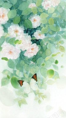 浪漫水彩画绿叶鲜花蝴蝶手绘背景图背景