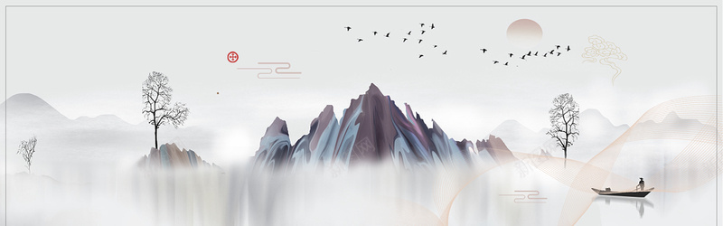 水墨中国风房地产banner背景psd设计背景_新图网 https://ixintu.com 东方文化 中国 中国元素 中国文化 中国风 唯美 墨笔 墨迹晕染 复古 树叶 水墨山水画 点缀 背景