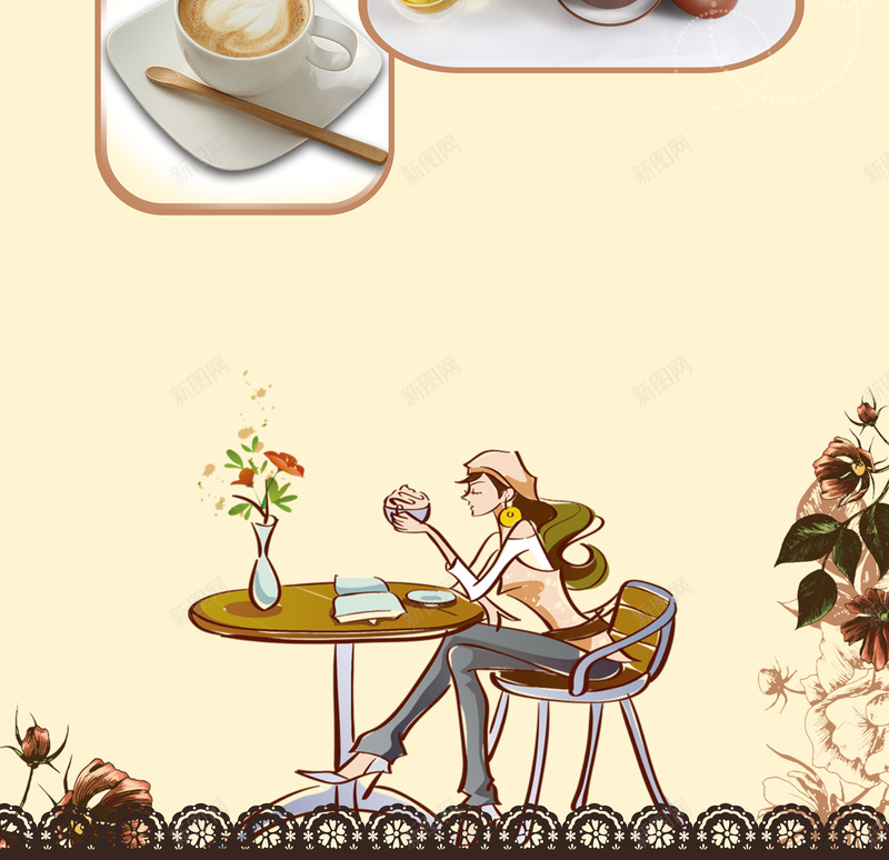 手绘下午茶餐单背景cdr设计背景_新图网 https://ixintu.com 下午茶 咖啡 开心 手绘 新品 点心 背景素材 蛋糕