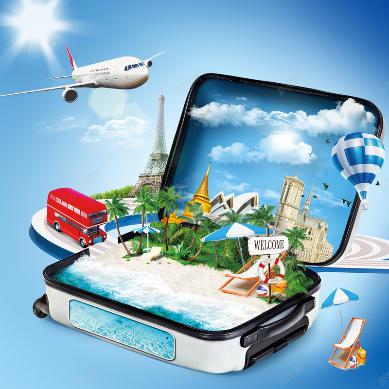 蓝色箱包海滩创意旅行背景psd设计背景_新图网 https://ixintu.com 创意旅行海报 卡通 大巴 手绘 旅游宣传素材 旅游广告背景 旅游素材 海滩 热气球 童趣 箱包 蓝天白云 阳光 飞机 高兴