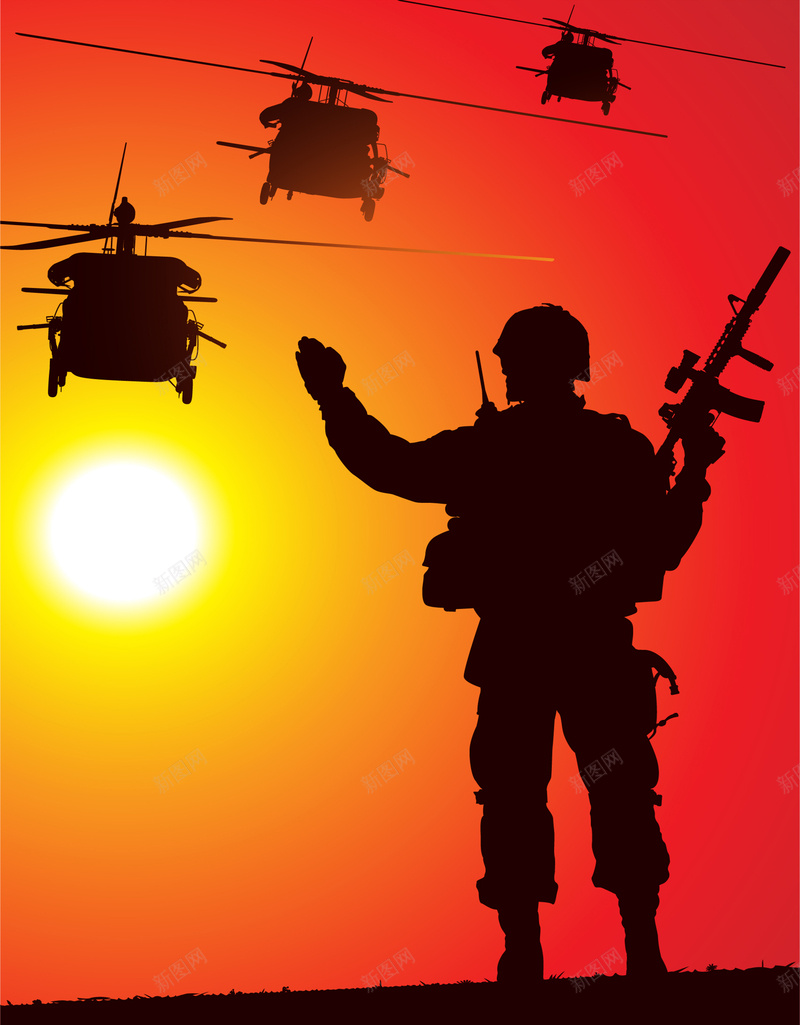 人物剪影士兵风景平面广告矢量图ai高清背景_新图网 https://ixintu.com 人物 剪影 和平 士兵 平面广告 战争 日落 风景 飞机 矢量图