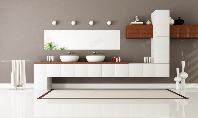 白色简约洗手间装修效果jpg设计背景_新图网 https://ixintu.com 地砖 墙壁 家居 工艺 柜子 浴室柜 浴盆 瓷瓶 瓷砖 白色风格 置物架 花瓶 装修 装饰物 镜子