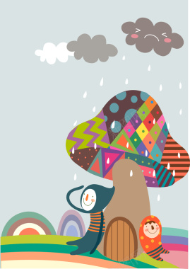 卡通彩色大树避雨下雨云朵背景矢量图背景
