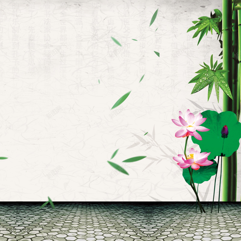 中国风淘宝主图背景psd设计背景_新图网 https://ixintu.com 中国风 主图 石头地板 竹叶 荷叶 荷花