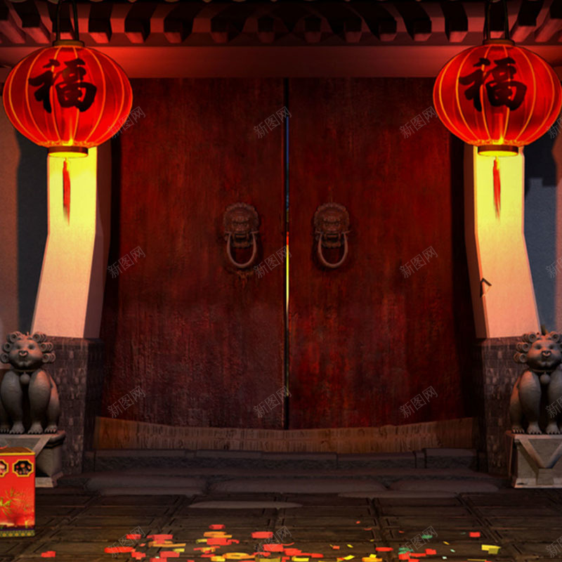 福字灯笼大门主图背景jpg设计背景_新图网 https://ixintu.com 中国风 喜庆 大门 灯笼 石狮 福字 节日主图背景素材 过年