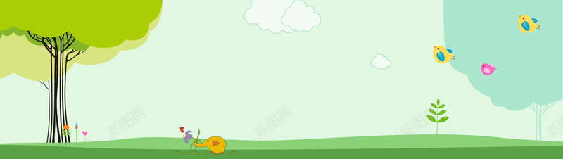 卡通树木文艺绿色banner背景psd高清背景_新图网 https://ixintu.com 几何 卡通 小清新 广告 手绘 文艺 新图网 树木 白云 童趣 简约 素材 背景 花朵 草地 蓝天 设计 鸟