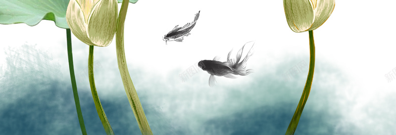 清新荷花插画背景psd设计背景_新图网 https://ixintu.com 国画荷花 水墨 池塘 白色 花蕾 荷叶 莲花 金鱼
