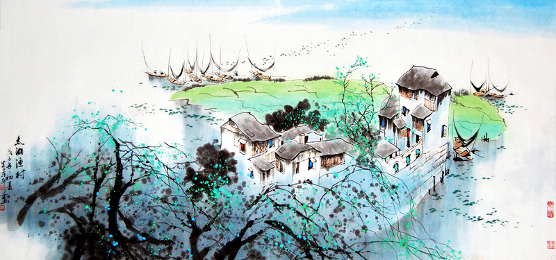 古风水墨村庄背景jpg设计背景_新图网 https://ixintu.com 中国风 古风 彩色 村庄 水墨 海报banner